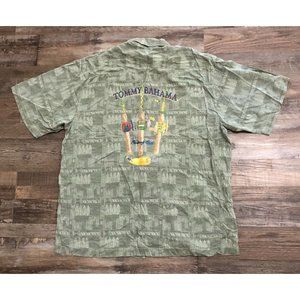 Tommy Bahama Silk Hawaiian Shirt Black Mens XL Green Fishing Rod Casting Call